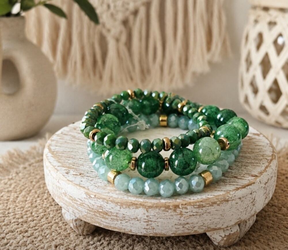 Pomina Semi Precious Green Stone Stretch Bracelet Stack New